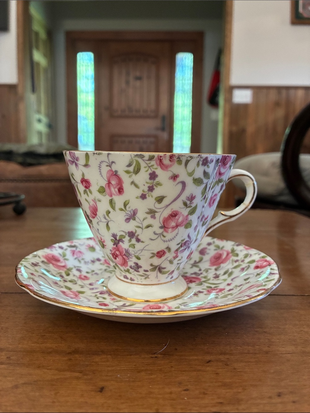 Vintage Rosina Fine Bone China Rose Chinzt Teacup and Saucer.